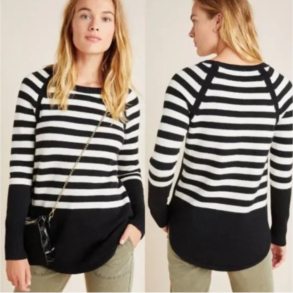 Anthropologie Striped Raglan Sweater Black‎ White Curved Hem Womens Medium